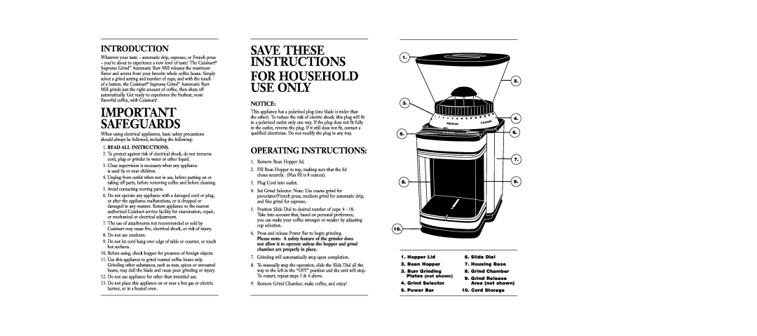 Cuisinart DBM-8 warranty Introduction, Operating Instructions, Safeguards, Save These Instructions For Household Use Only 