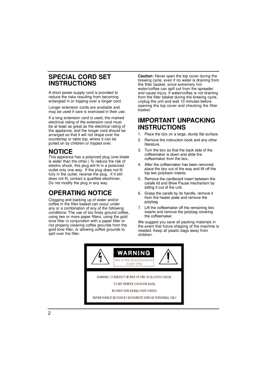 Cuisinart 73289, DCC-1000 manual Special Cord SET Instructions, Operating Notice 