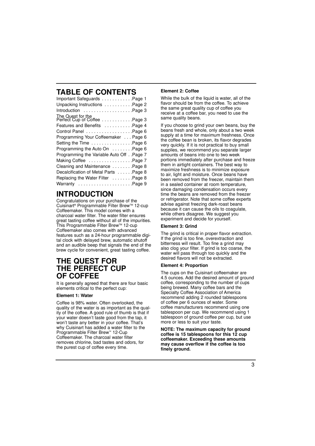 Cuisinart DCC-1000, 73289 manual Table of Contents, Introduction, Quest for Perfect CUP Coffee 