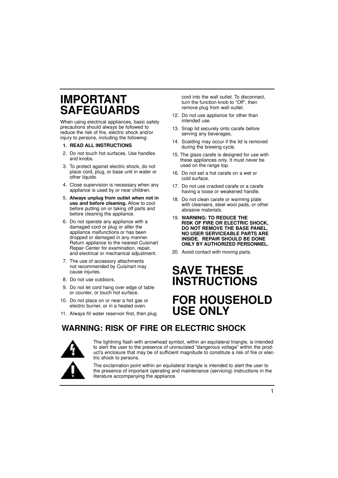 Cuisinart DCC-1000, 73289 manual Warning Risk Of Fire Or Electric Shock, Important Safeguards, Read All Instructions 