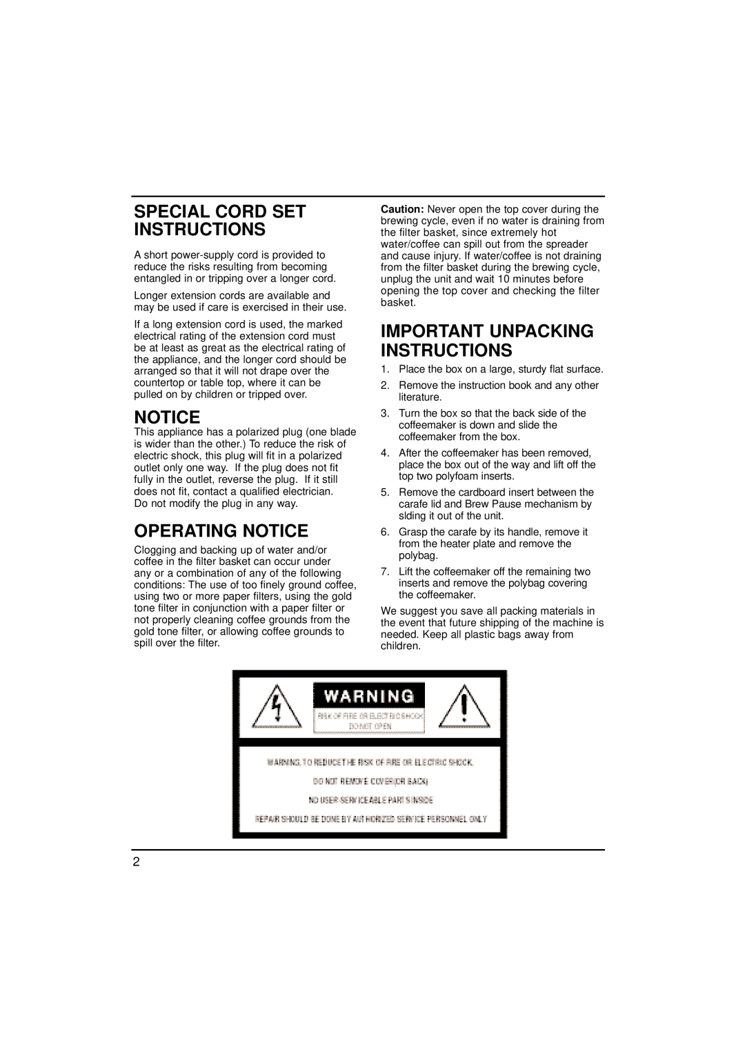 Cuisinart 73289, DCC-1000 manual Special Cord Set Instructions, Operating Notice, Important Unpacking Instructions 