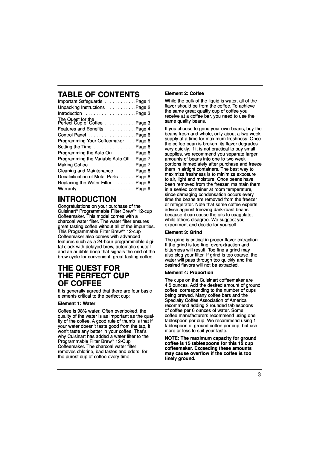 Cuisinart DCC-1000, 73289 manual Table Of Contents, Introduction, The Quest For The Perfect Cup Of Coffee, Element 1 Water 