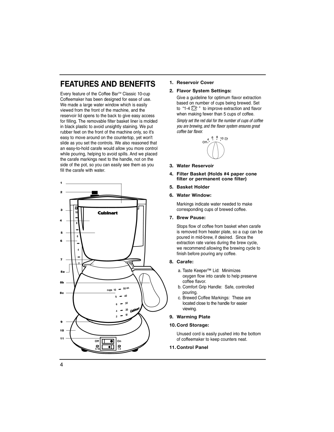 Cuisinart DCC-100C manual Features and Benefits, Reservoir Cover Flavor System Settings 