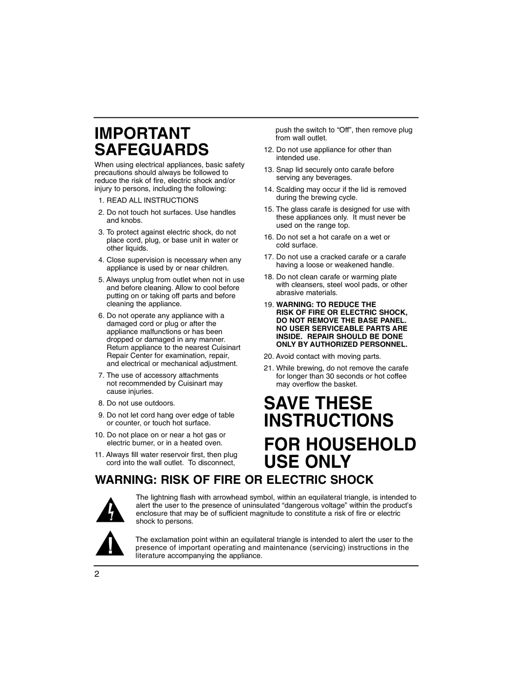 Cuisinart DCC-100C manual Warning Risk Of Fire Or Electric Shock, For Household Use Only, Save These Instructions 