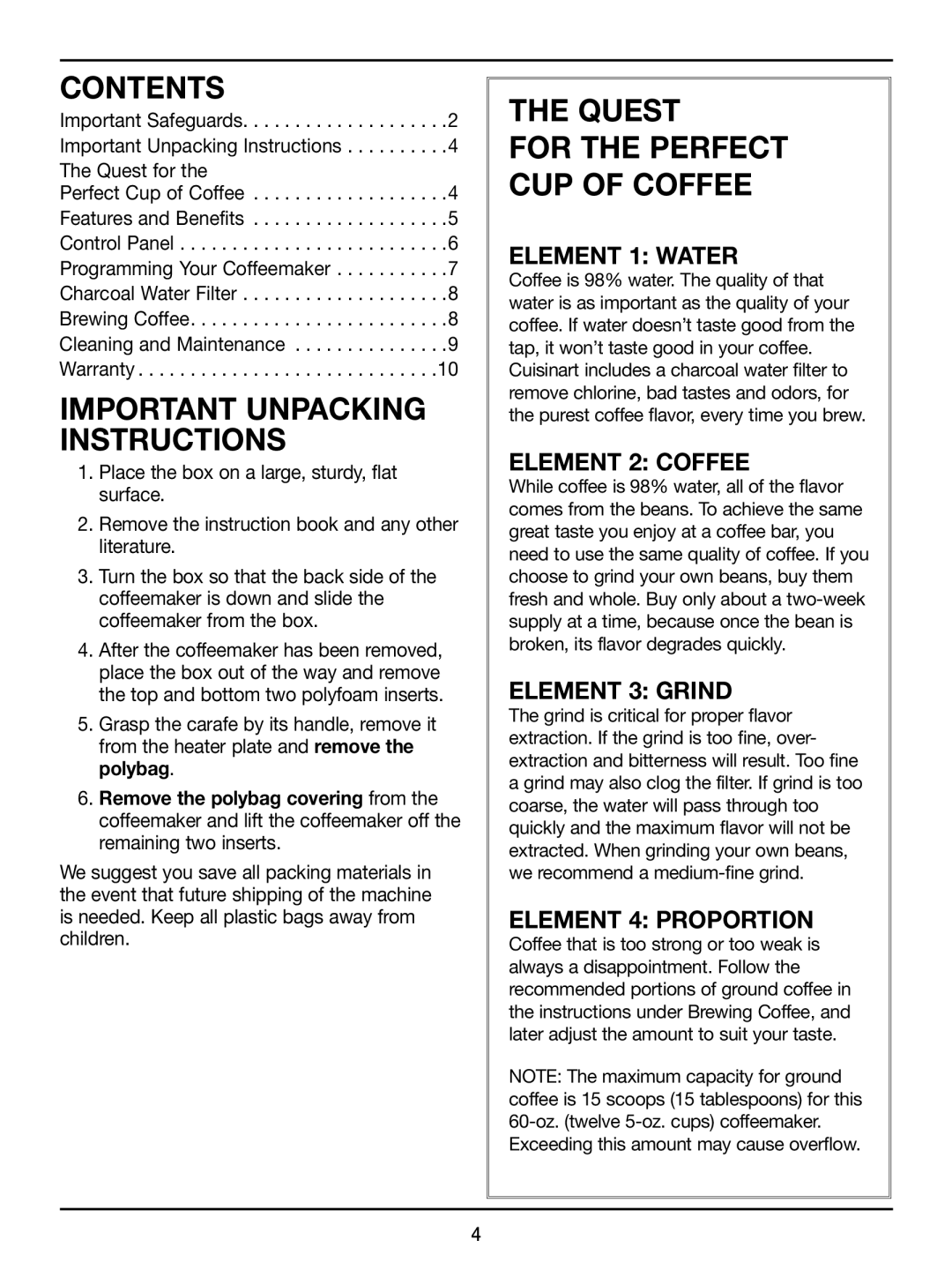 Cuisinart DCC-1100 Series, DCC1100BK manual Contents, Quest 