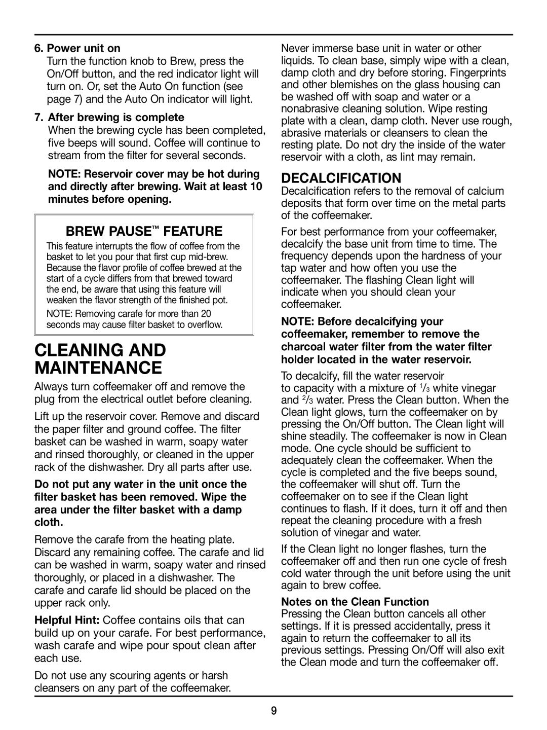 Cuisinart DCC1100BK, DCC-1100 Series manual Cleaning Maintenance, Decalcification, Power unit on, After brewing is complete 