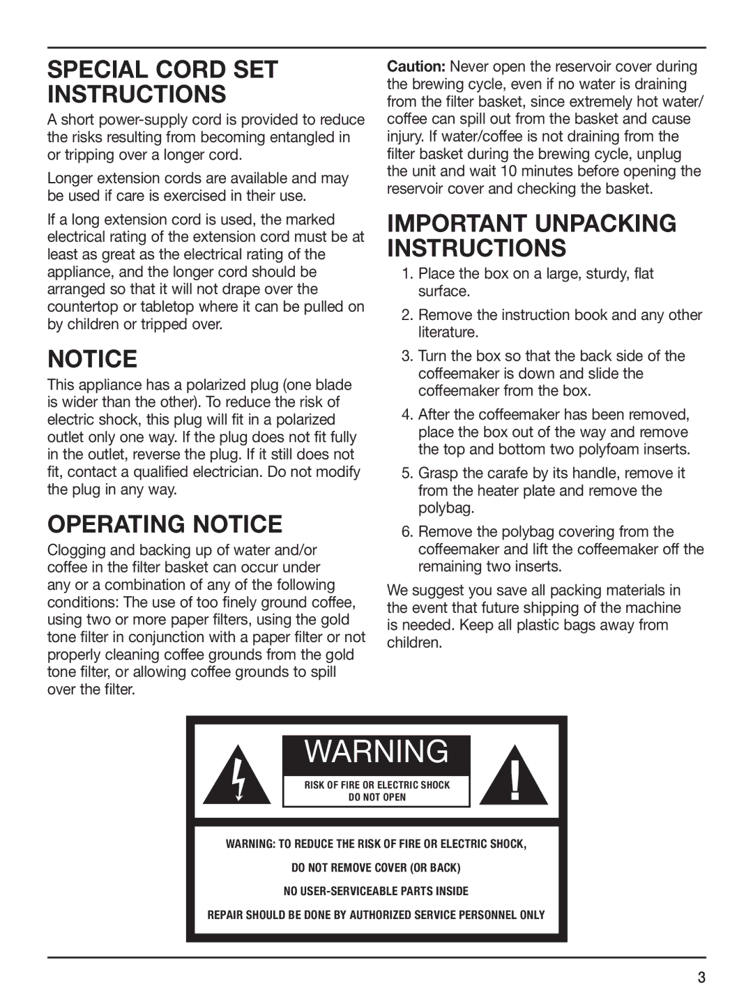 Cuisinart GHI0316IB-1-1, DCC-1150 manual Special Cord SET Instructions, Operating Notice, Important Unpacking Instructions 