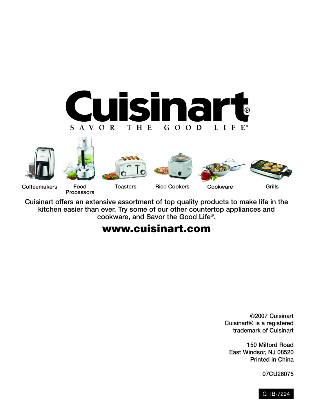Cuisinart 07CU26075, DCC-1150 Series, GHI0316IB-1-1, IB-7294 manual cookware, and Savor the Good Life 