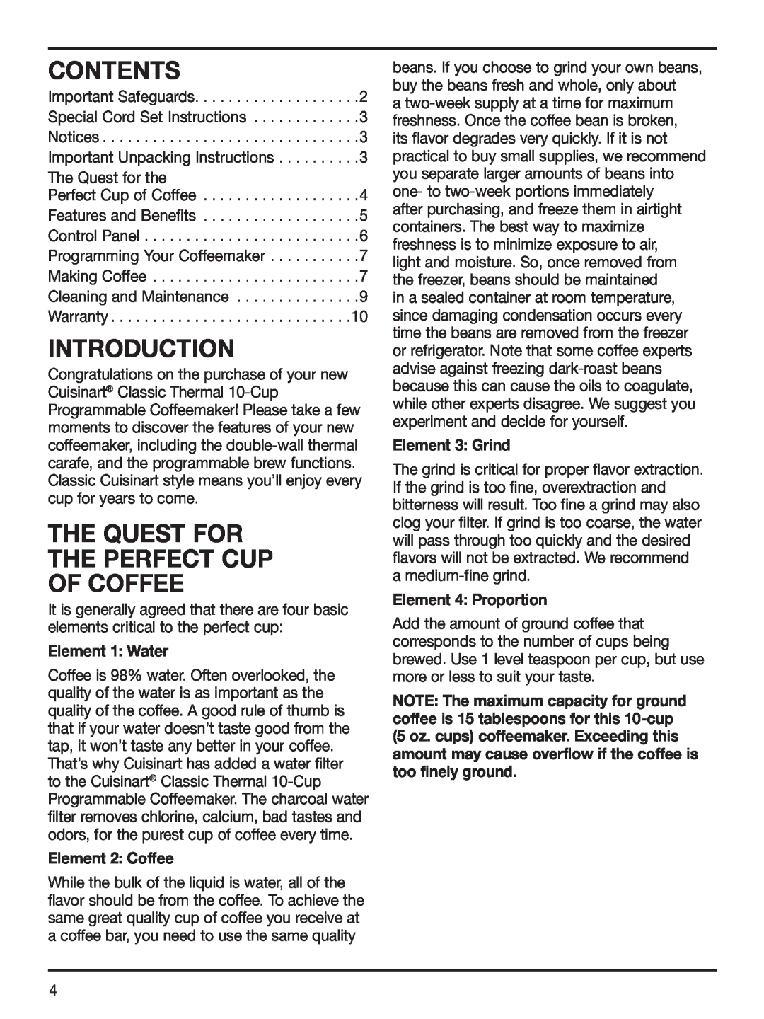 Cuisinart IB-7294 manual Contents, Introduction, The Quest For The Perfect Cup Of Coffee, Element 1 Water, Element 2 Coffee 