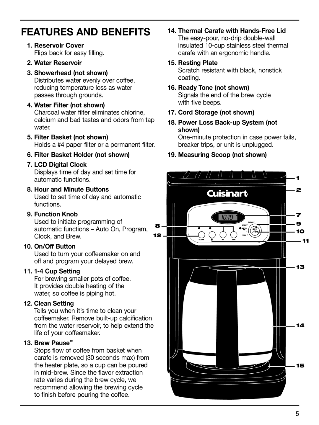 Cuisinart DCC-1150, IB-7294 FEATURES AND Benefits, Reservoir Cover, Water Reservoir, Water Filter not shown, Function Knob 