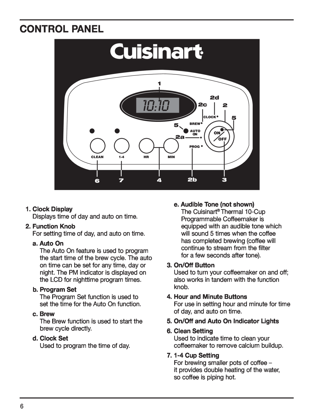 Cuisinart DCC-1150 Series Control Panel, Clock Display, Function Knob, a. Auto On, b. Program Set, c. Brew, d. Clock Set 