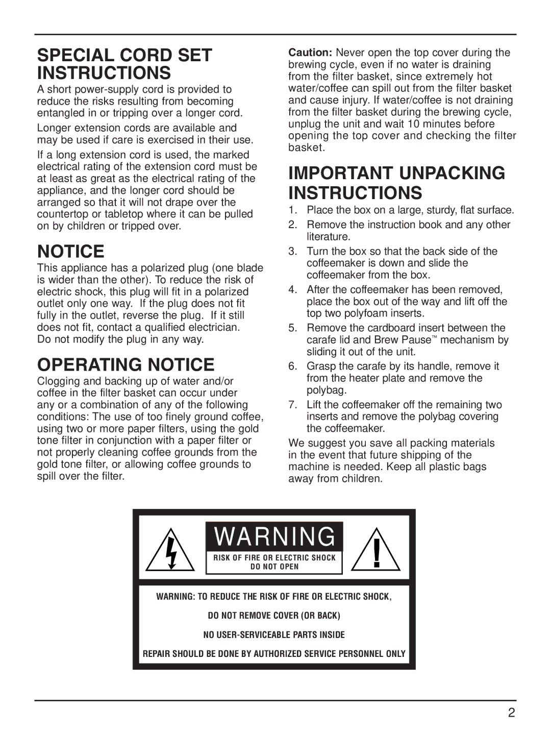 Cuisinart DCC-1200 manual Special Cord SET Instructions, Operating Notice 