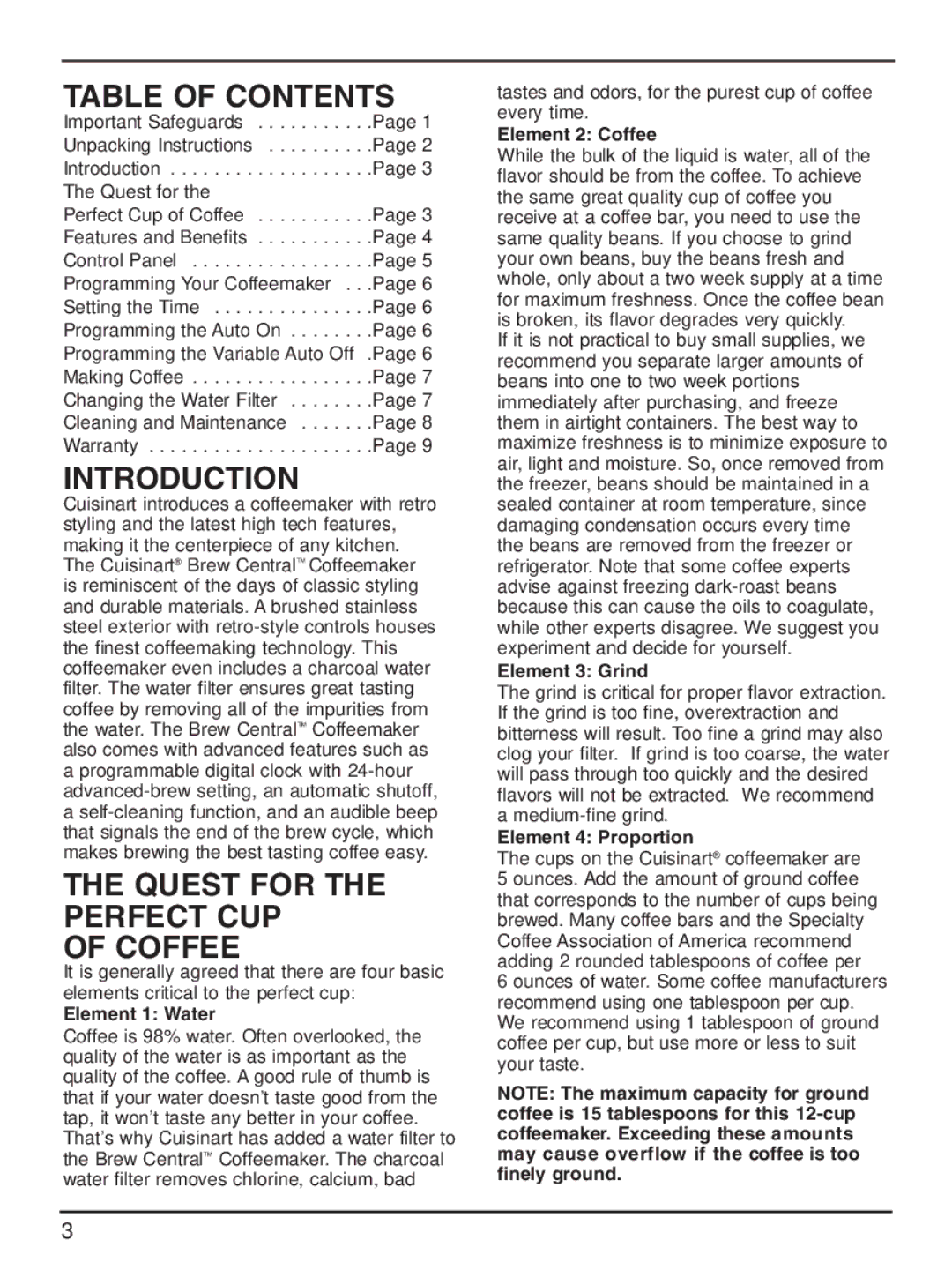 Cuisinart DCC-1200 manual Table of Contents, Introduction, Quest for the Perfect CUP Coffee 