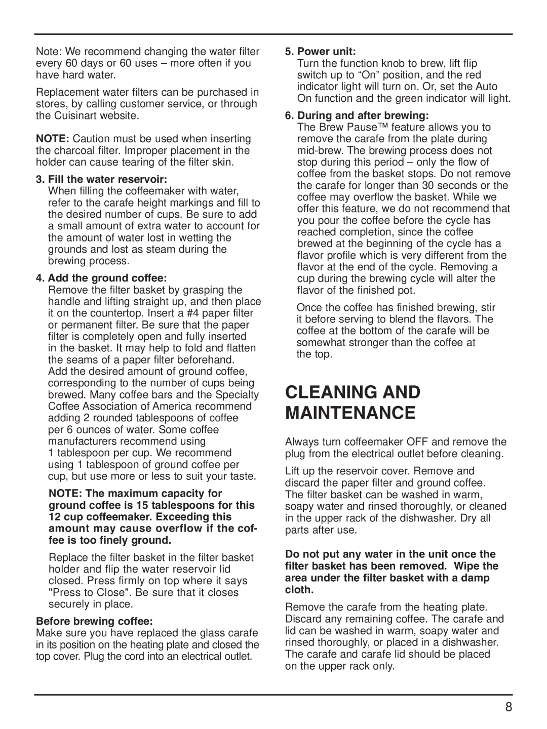 Cuisinart DCC-1200 manual Cleaning Maintenance 