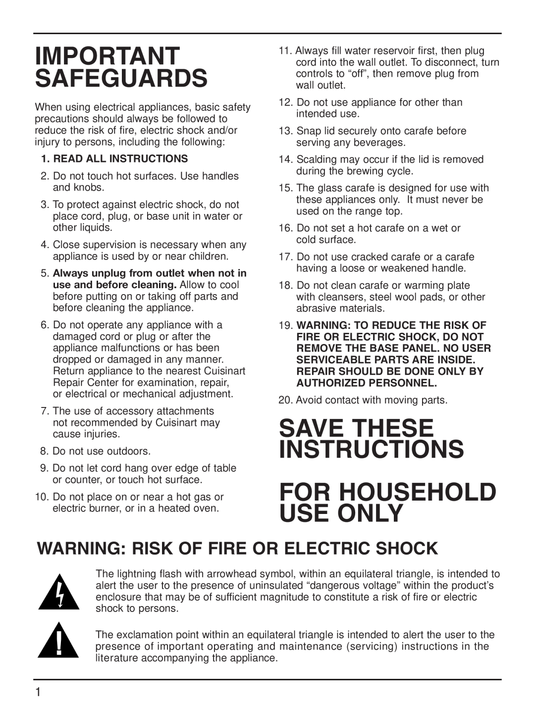 Cuisinart DCC-1200 manual Warning Risk Of Fire Or Electric Shock, Important Safeguards, Read All Instructions 