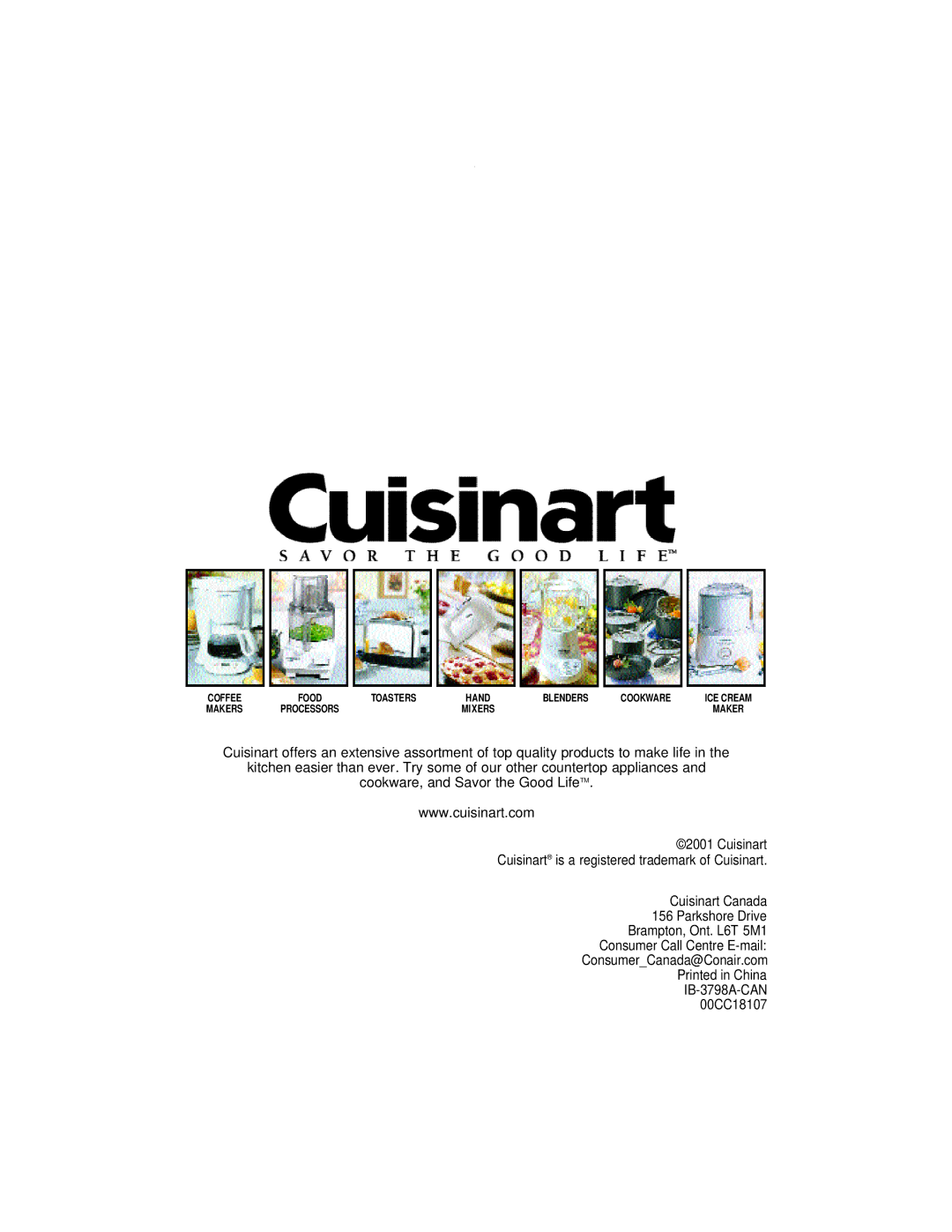 Cuisinart DCC-1200C manual Cuisinart Cuisinart is a registered trademark of Cuisinart 