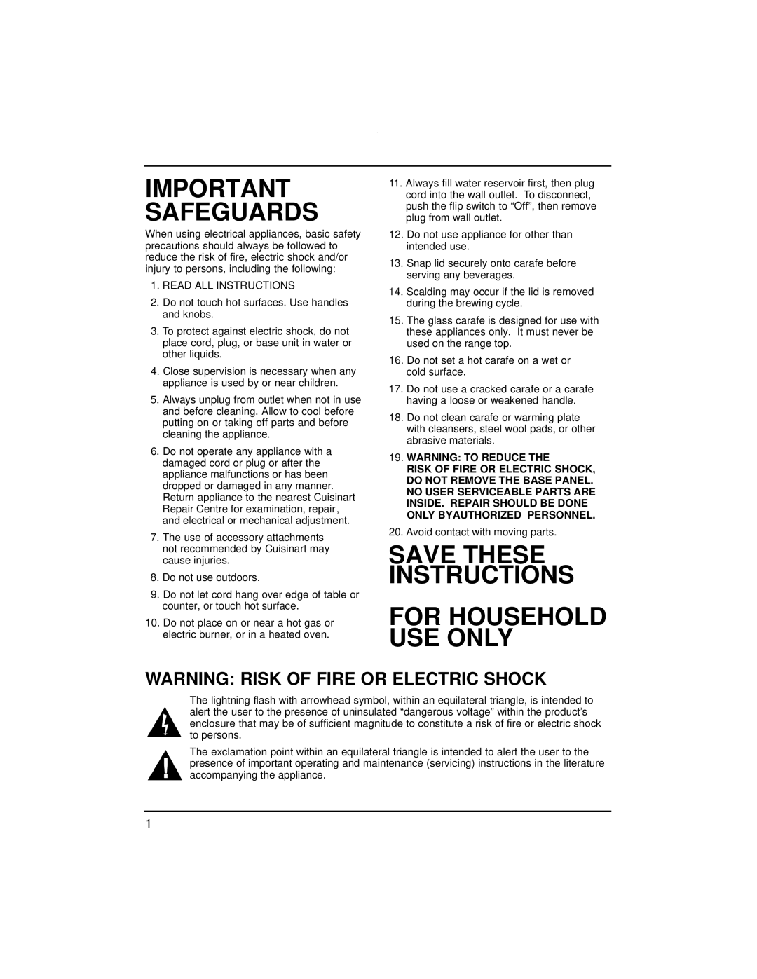 Cuisinart DCC-1200C manual Important Safeguards 