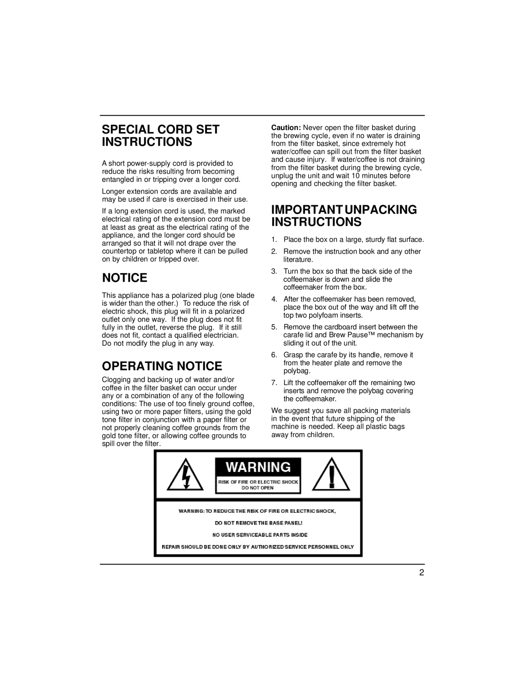 Cuisinart DCC-1200C manual Special Cord SET Instructions, Operating Notice 