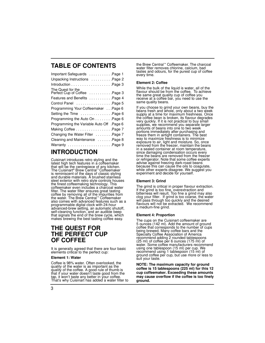 Cuisinart DCC-1200C manual Table of Contents, Introduction, Quest for Perfect CUP Coffee 