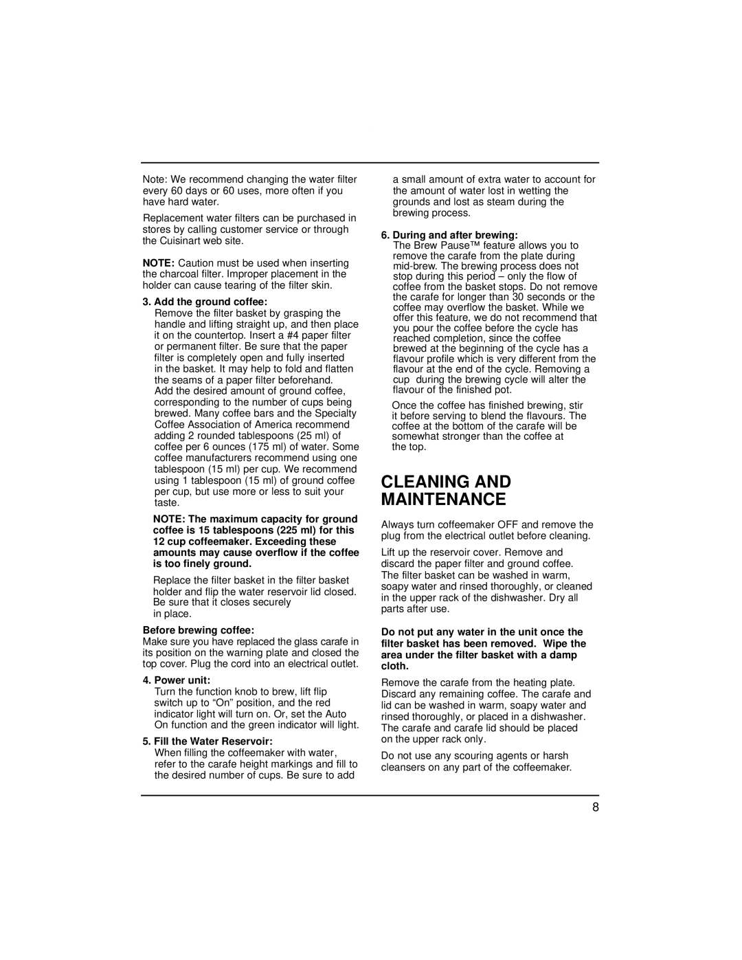 Cuisinart DCC-1200C manual Cleaning Maintenance 