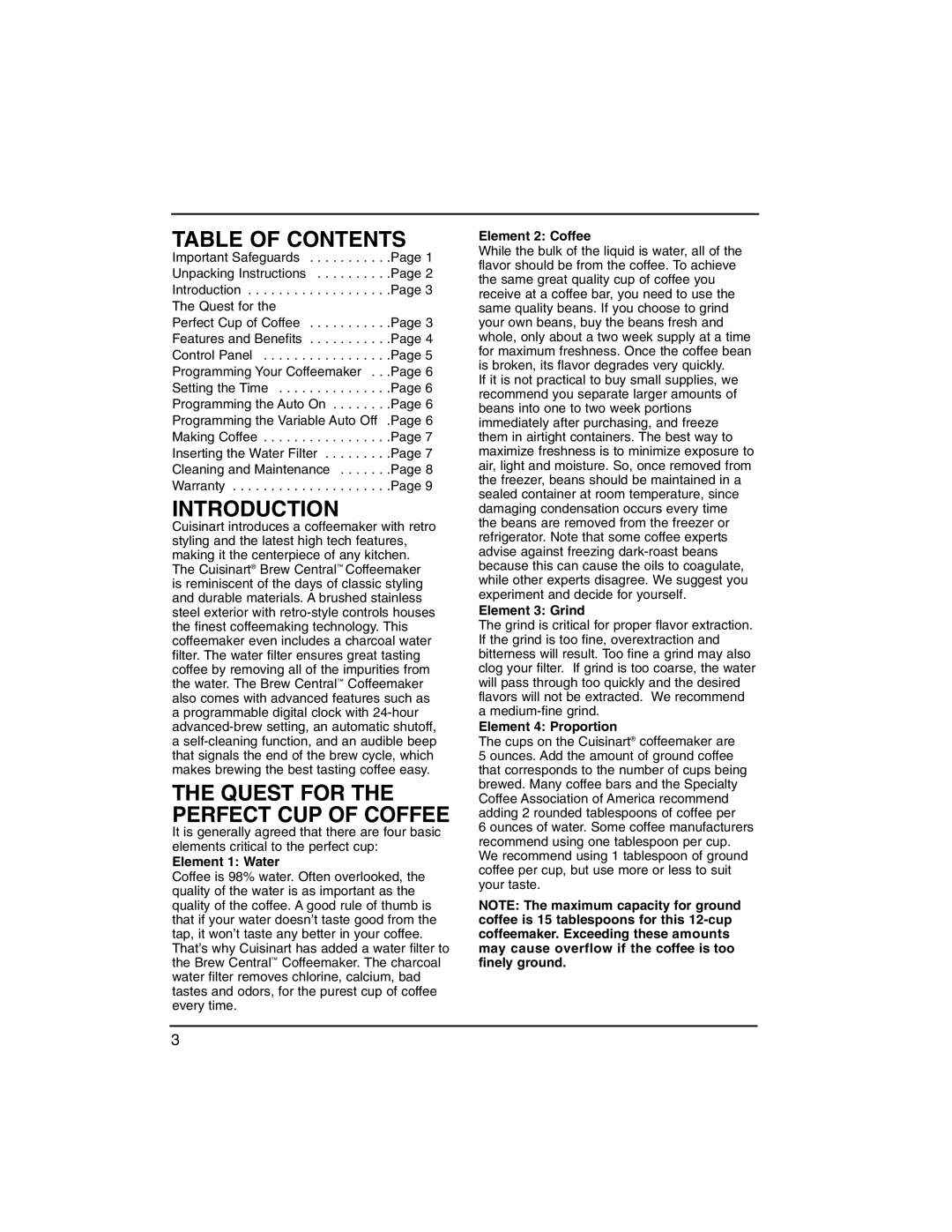 Cuisinart DCC-1200BCH, DCC-1200MR, DCC-1200 Series, DCC-1200BW, DCC1200 manual Table of Contents, Introduction 