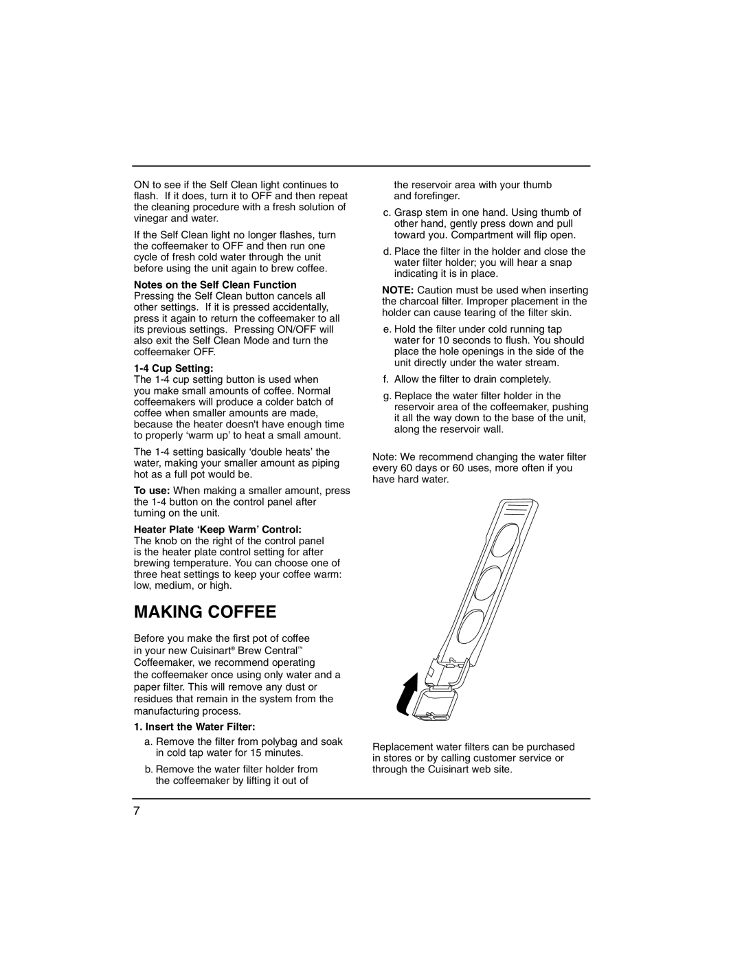 Cuisinart DCC-1200BW, DCC-1200MR, DCC-1200 Series, DCC-1200BCH, DCC1200 manual Making Coffee, Insert the Water Filter 