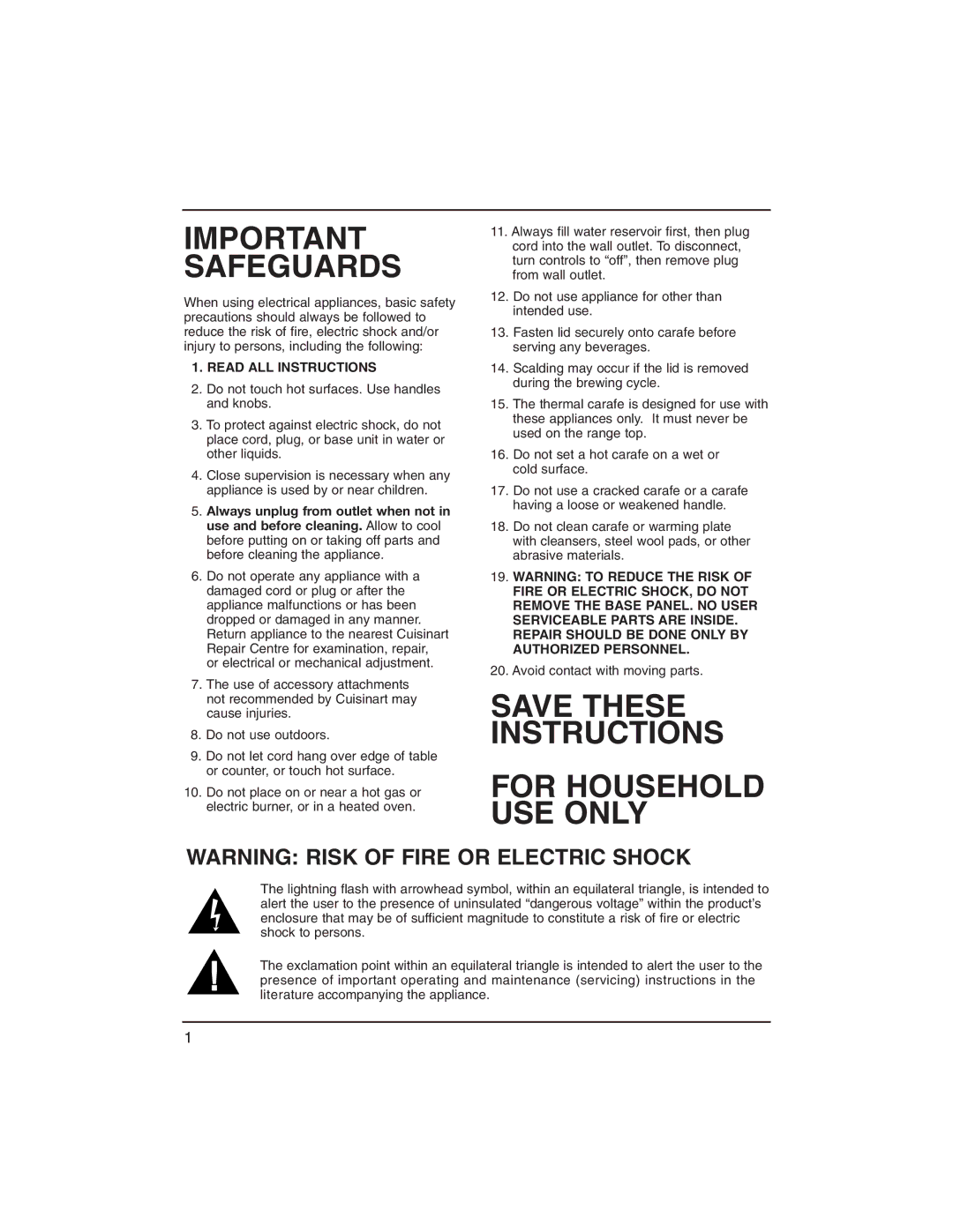 Cuisinart DCC-1400C manual Important Safeguards, Read ALL Instructions 