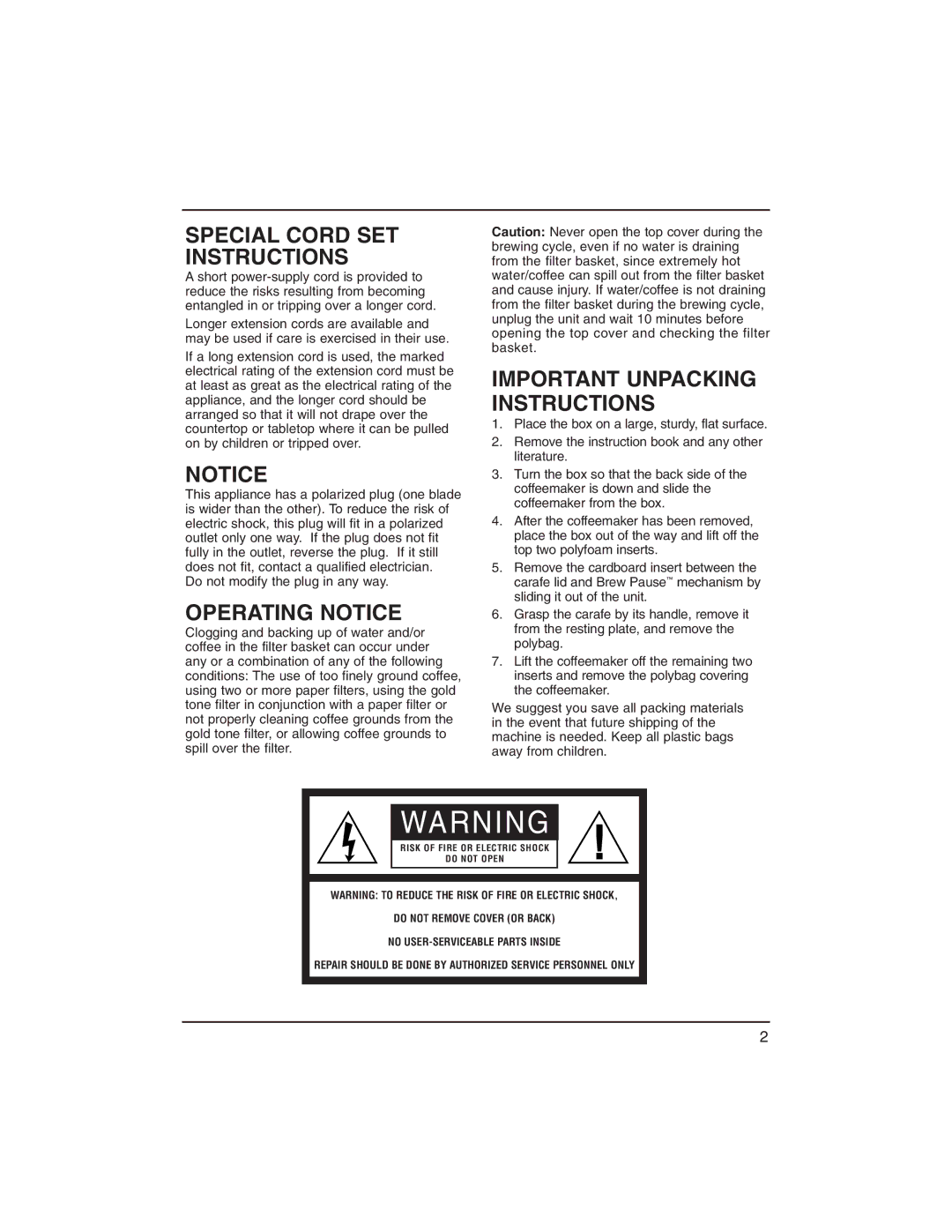 Cuisinart DCC-1400C manual Special Cord SET Instructions, Operating Notice, Important Unpacking Instructions 