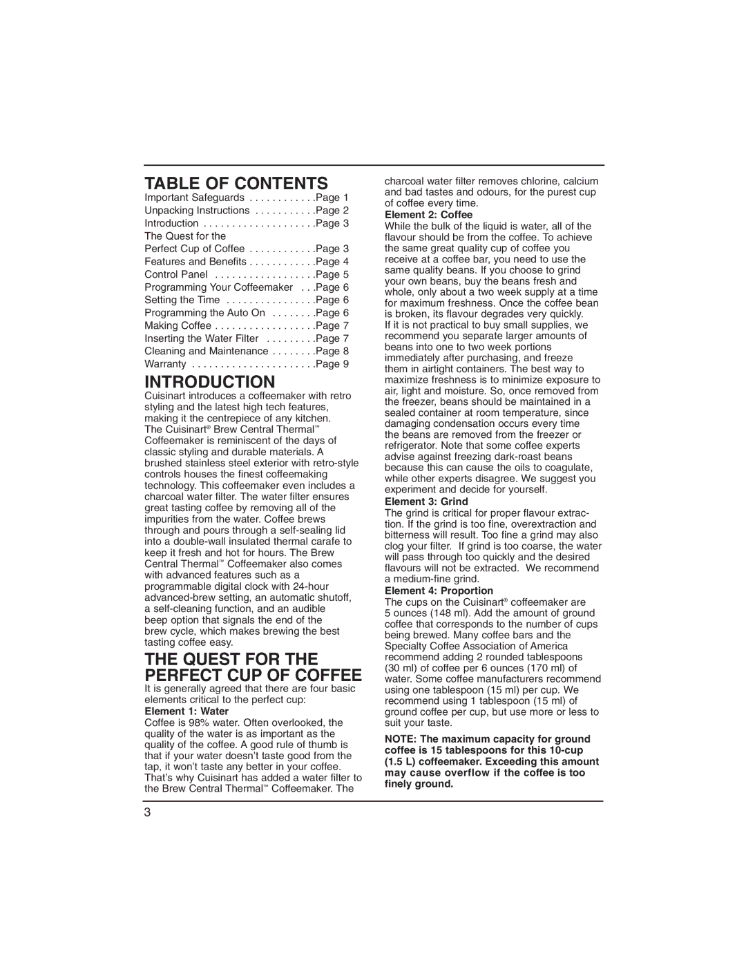 Cuisinart DCC-1400C manual Table of Contents, Introduction 