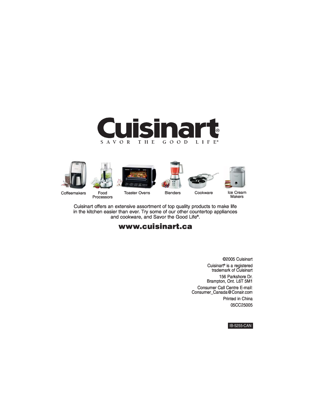Cuisinart DCC-1400C manual IB-5255-CAN, Cuisinart is a registered trademark of Cuisinart, Printed in China 05CC25005 