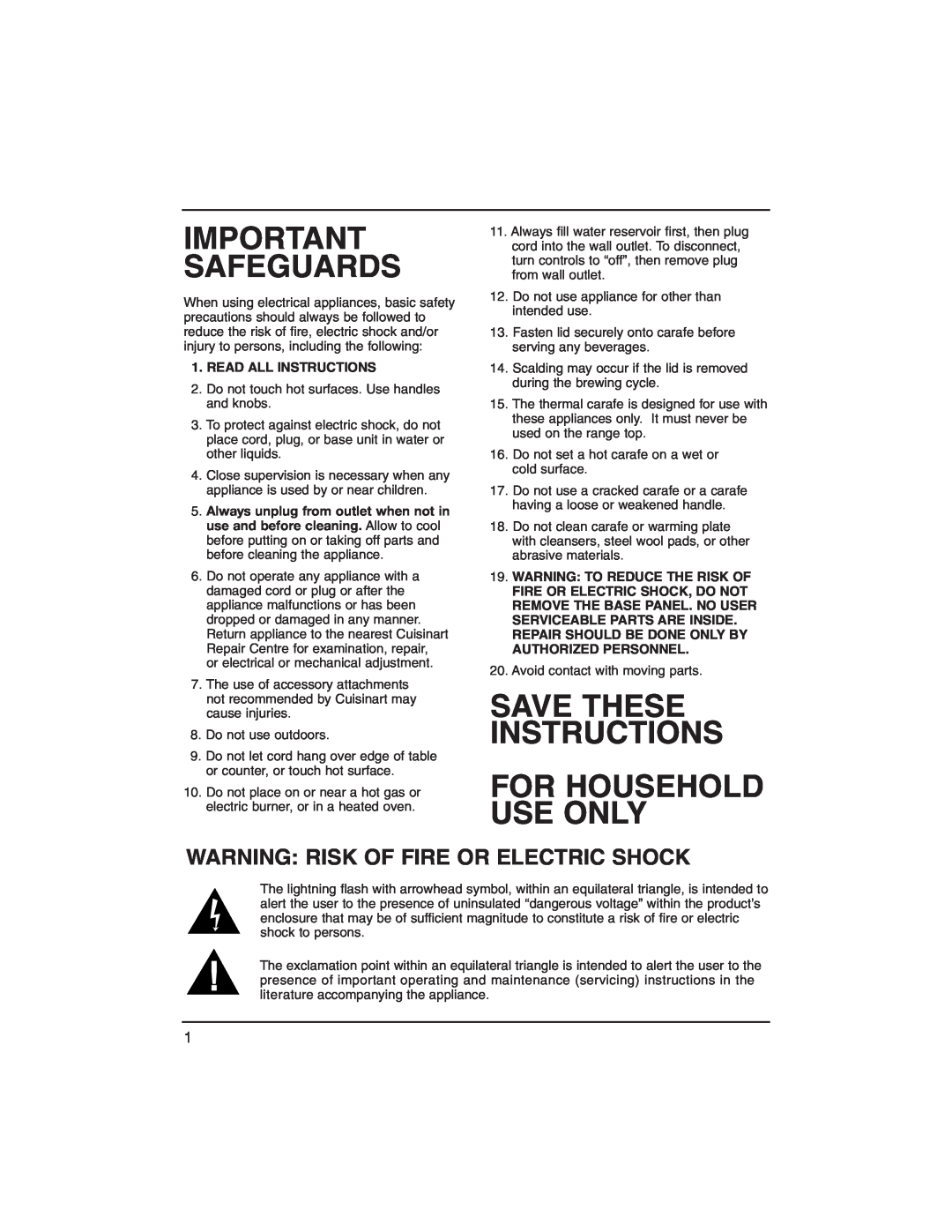Cuisinart DCC-1400C manual Warning Risk Of Fire Or Electric Shock, Read All Instructions, Important Safeguards 