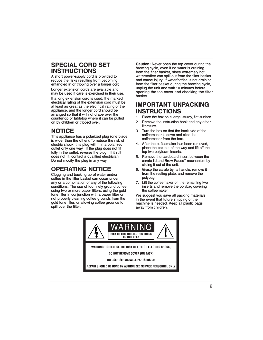 Cuisinart DCC-1400C manual Special Cord Set Instructions, Operating Notice, Important Unpacking Instructions 