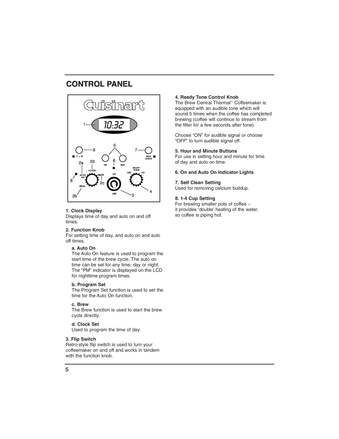 Cuisinart DCC-1400C manual Control Panel, Clock Display, Function Knob, a. Auto On, b. Program Set, c. Brew, d. Clock Set 