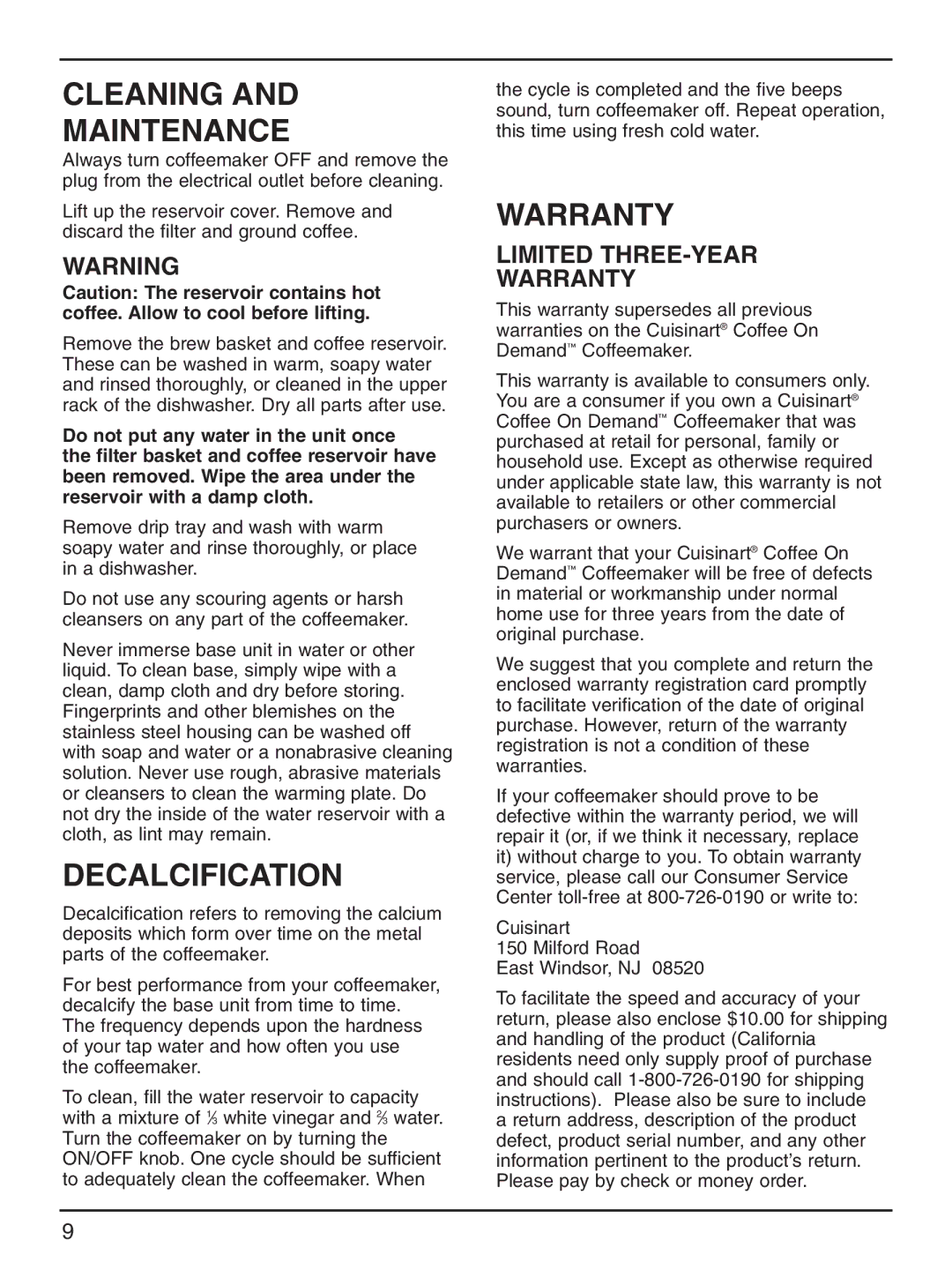 Cuisinart DCC-2000 manual Cleaning Maintenance, Decalcification, Warranty 