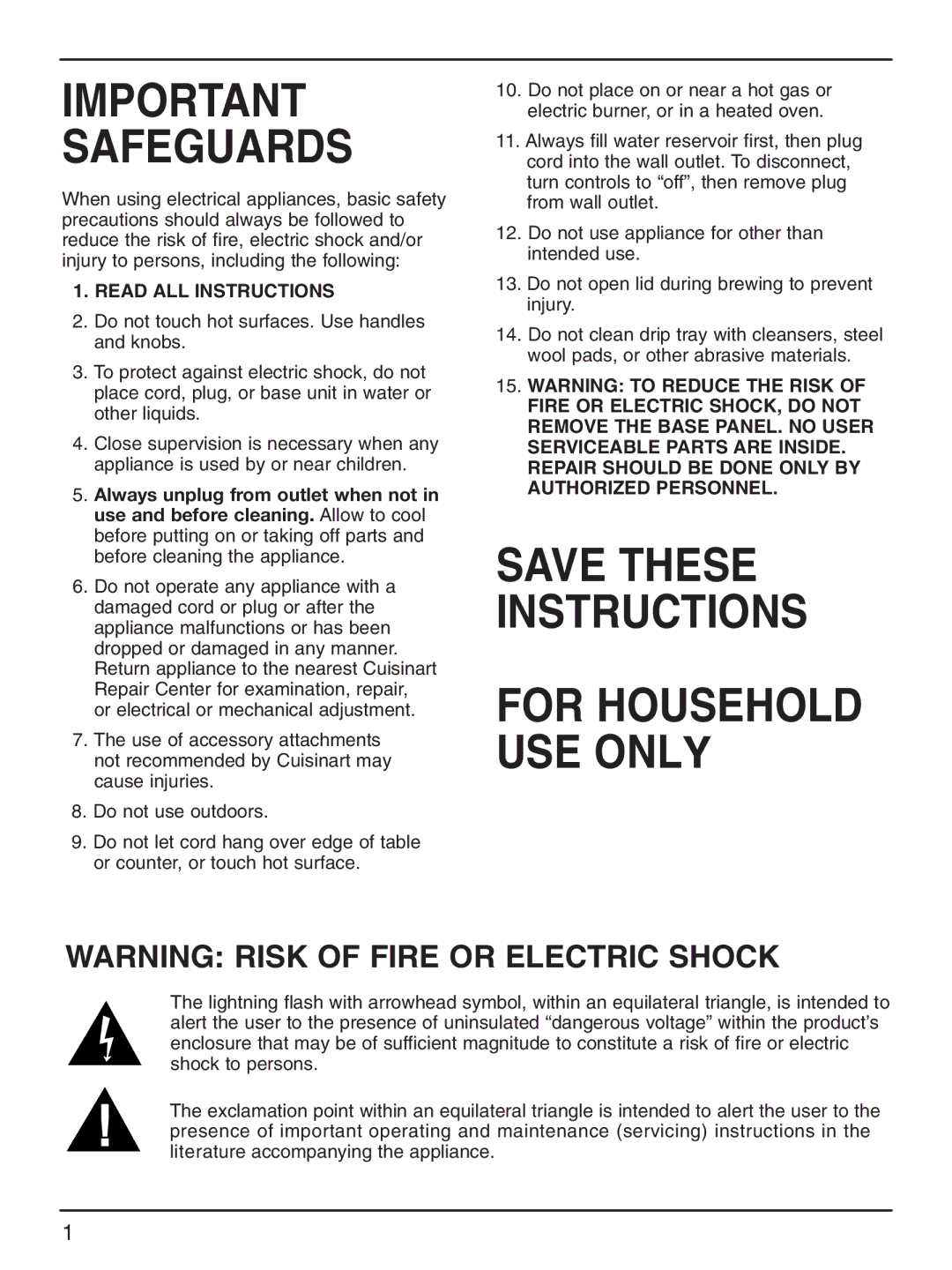 Cuisinart DCC-2000 manual Important Safeguards, Read ALL Instructions 