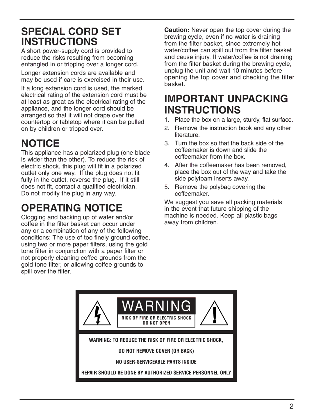 Cuisinart DCC-2000 manual Special Cord SET Instructions, Operating Notice 