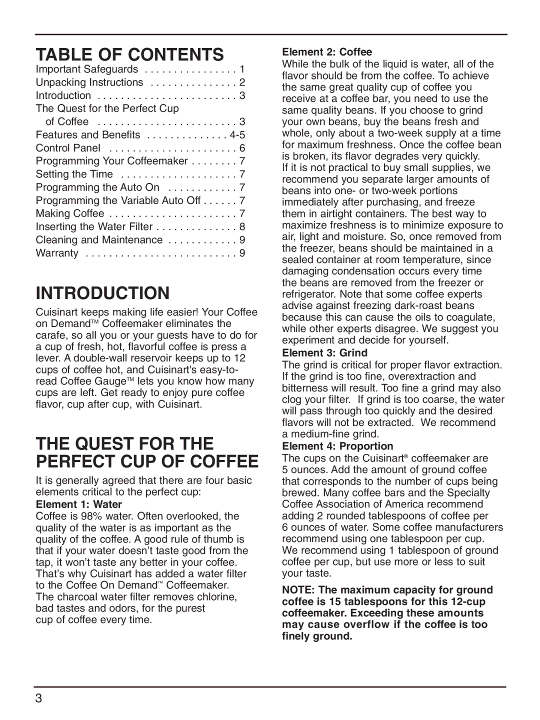 Cuisinart DCC-2000 manual Table of Contents, Introduction 