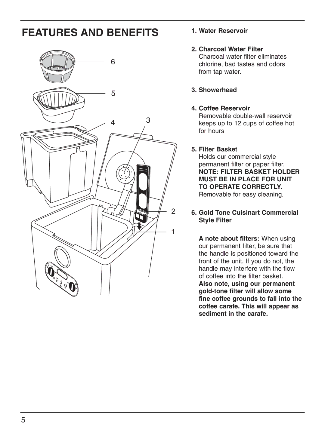 Cuisinart DCC-2000 manual Features and Benefits, Filter Basket 