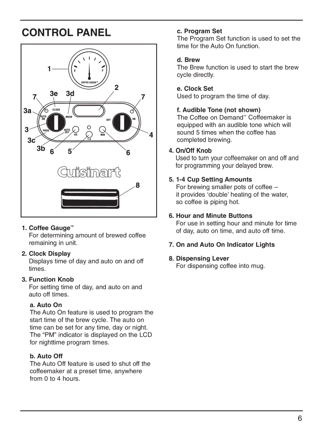 Cuisinart DCC-2000 manual Control Panel 