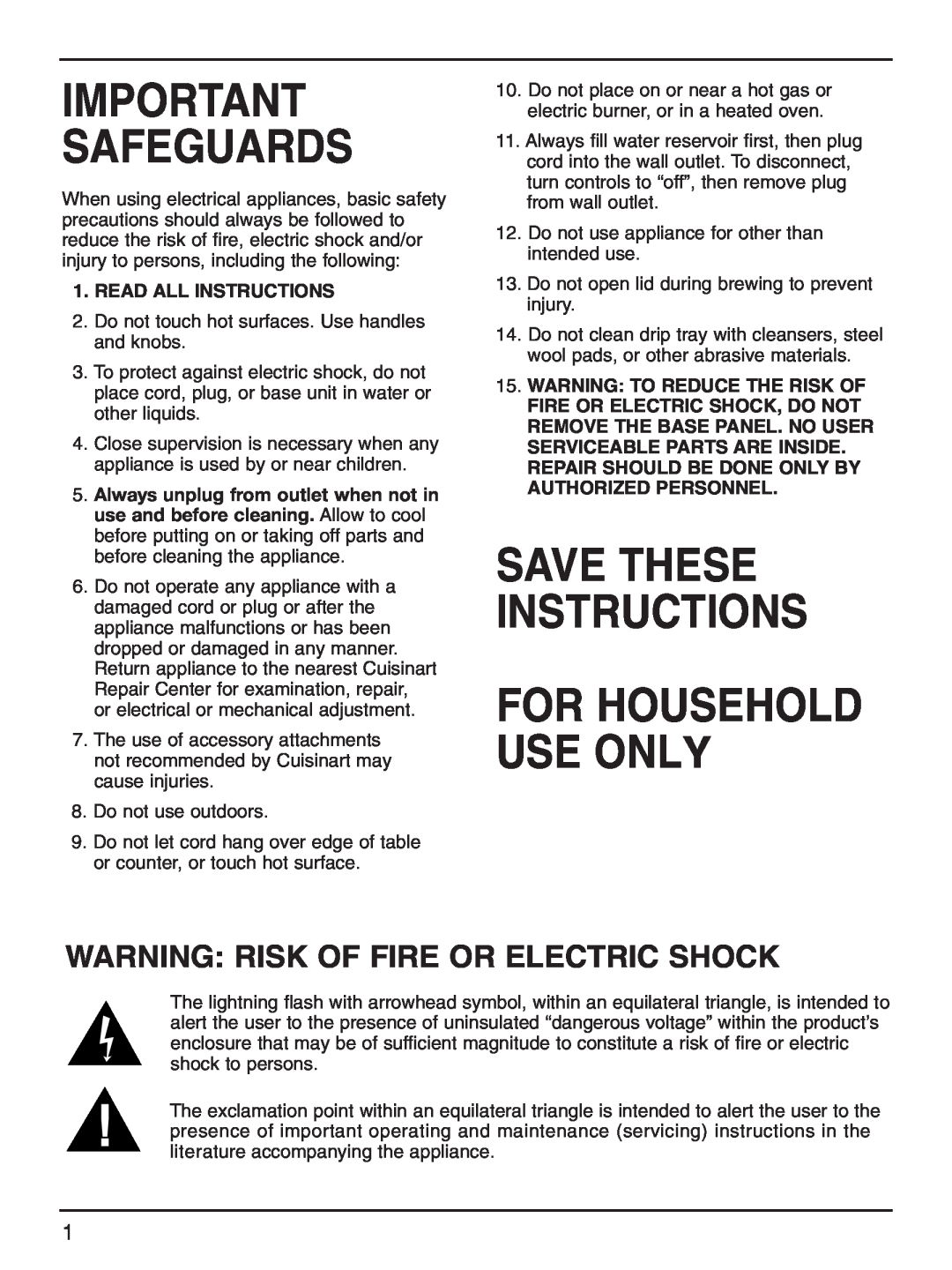 Cuisinart DCC-2000 manual Save These Instructions For Household Use Only, Warning Risk Of Fire Or Electric Shock 