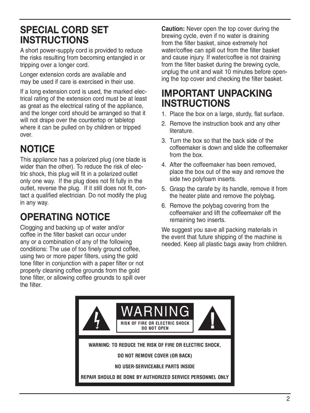 Cuisinart DCC-2200 manual Special Cord SET Instructions, Operating Notice, Important Unpacking Instructions 