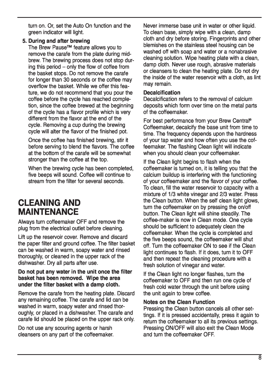 Cuisinart DCC-2200 manual Cleaning And Maintenance, During and after brewing, Decalcification, Notes on the Clean Function 
