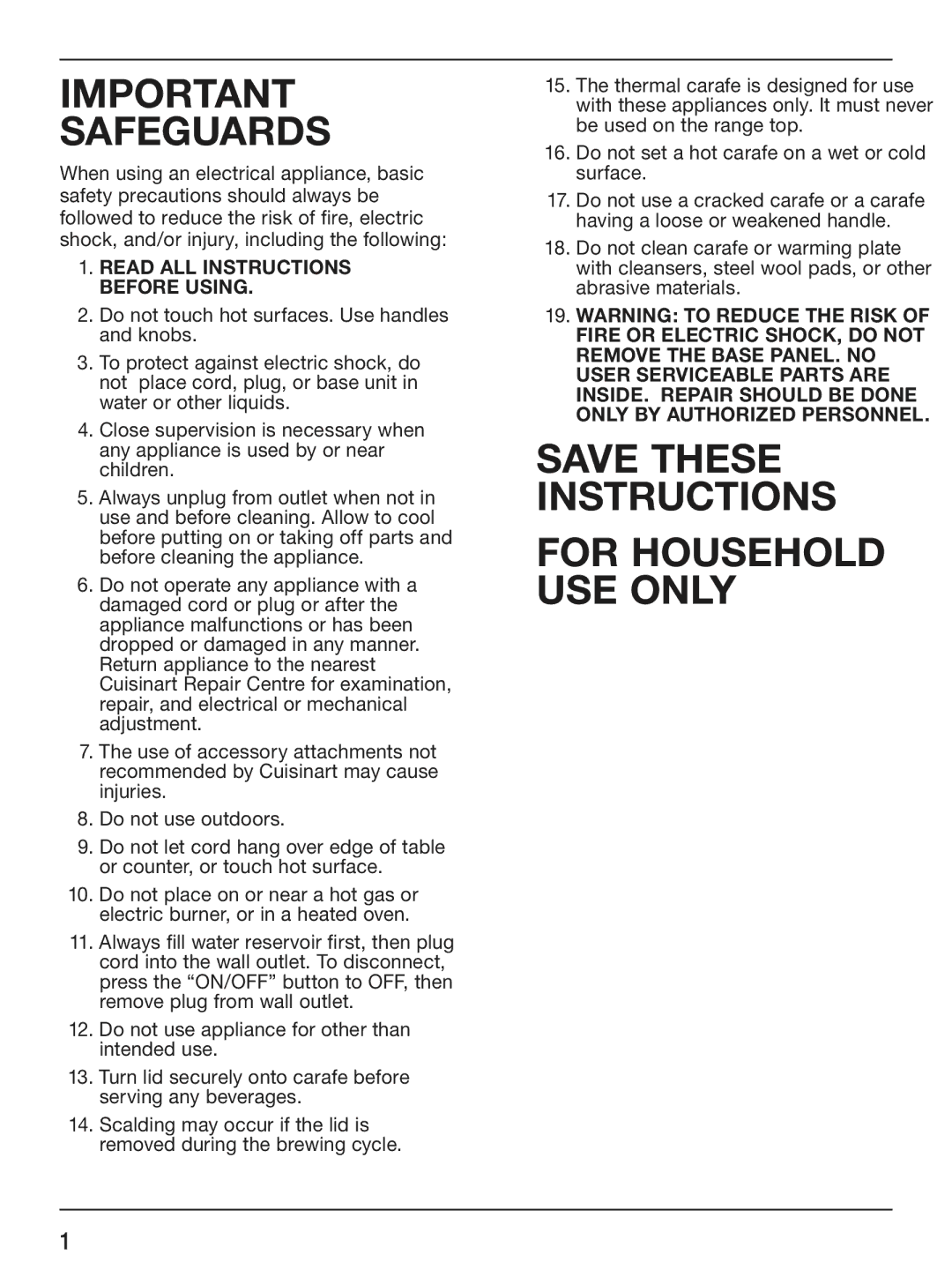 Cuisinart DCC-2400C manual Safeguards 