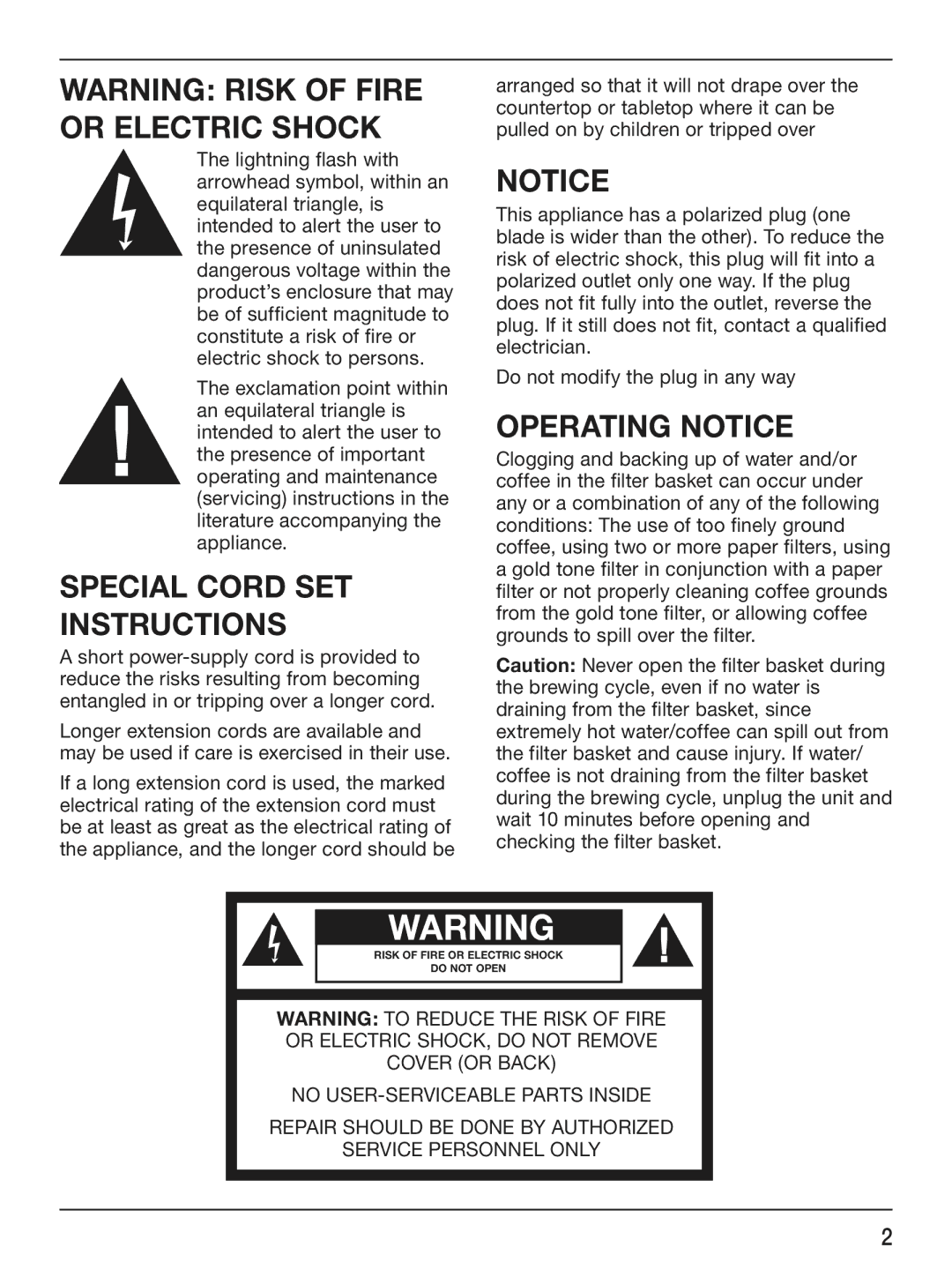 Cuisinart DCC-2400C manual Special Cord SET Instructions, Operating Notice 