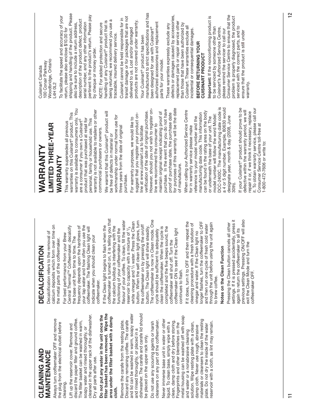 Cuisinart DCC-2400C manual Cleaning Maintenance, Decalcification, Limited THREE-YEAR Warranty 