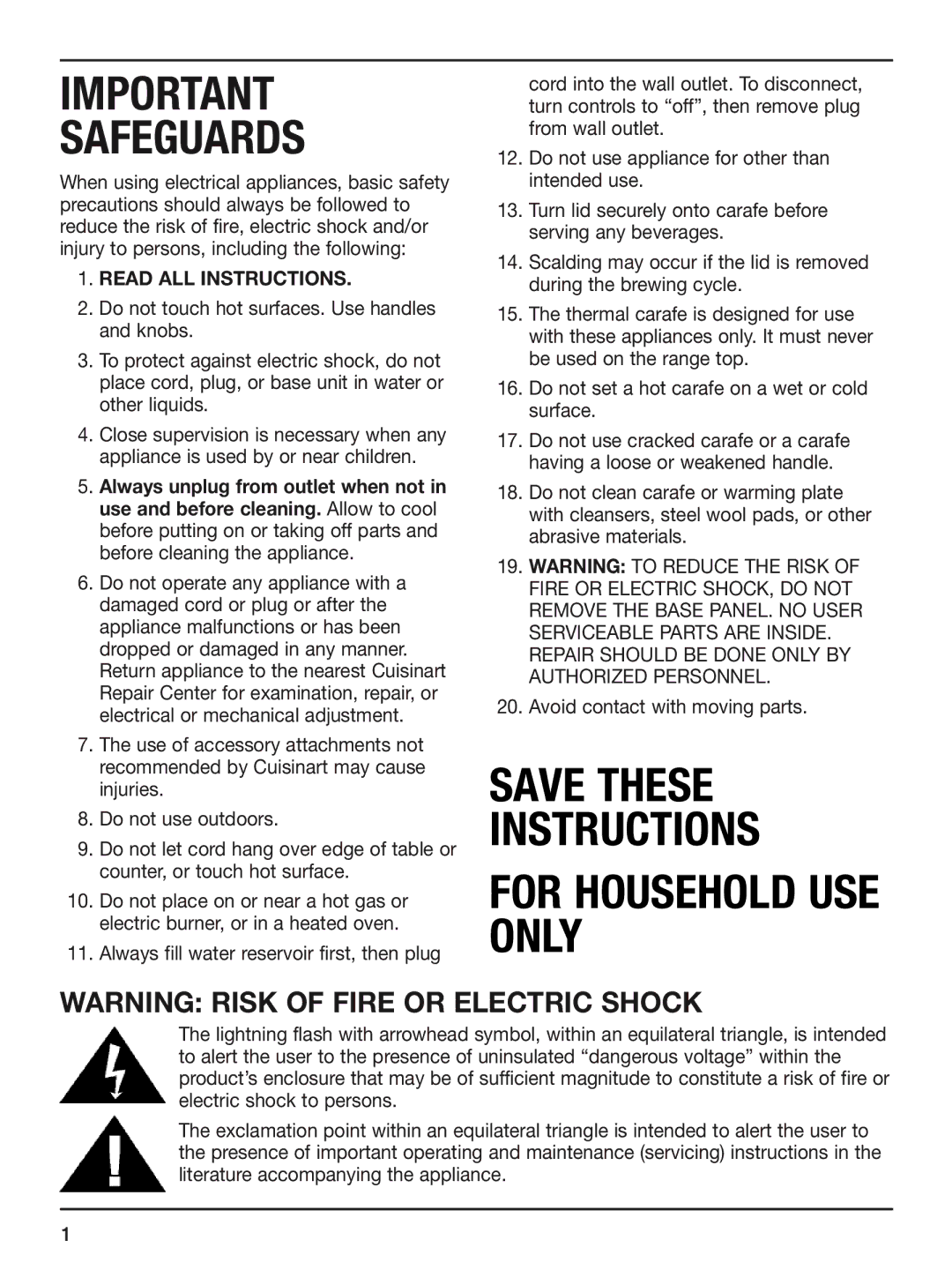 Cuisinart DCC-2400STR manual Safeguards 