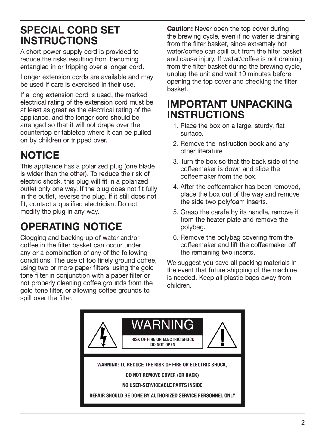 Cuisinart DCC-2400STR manual Special Cord SET Instructions, Operating Notice, IMPORtant Unpacking Instructions 