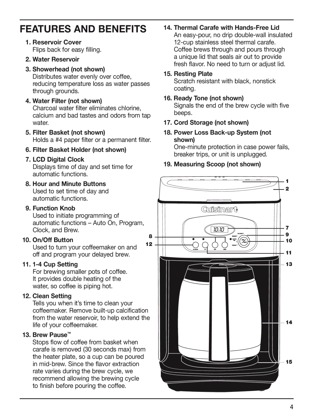 Cuisinart DCC-2400STR manual Features and Benefits 