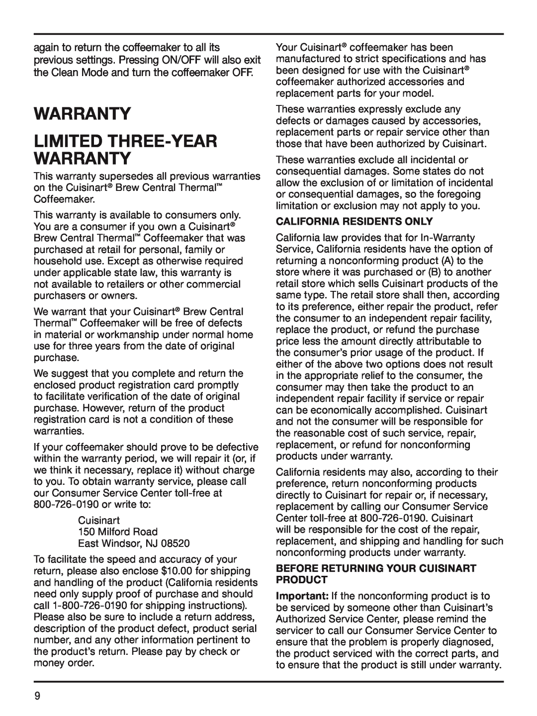 Cuisinart DCC-2400STR manual WARRANTY Limited Three-Year Warranty, California Residents Only 
