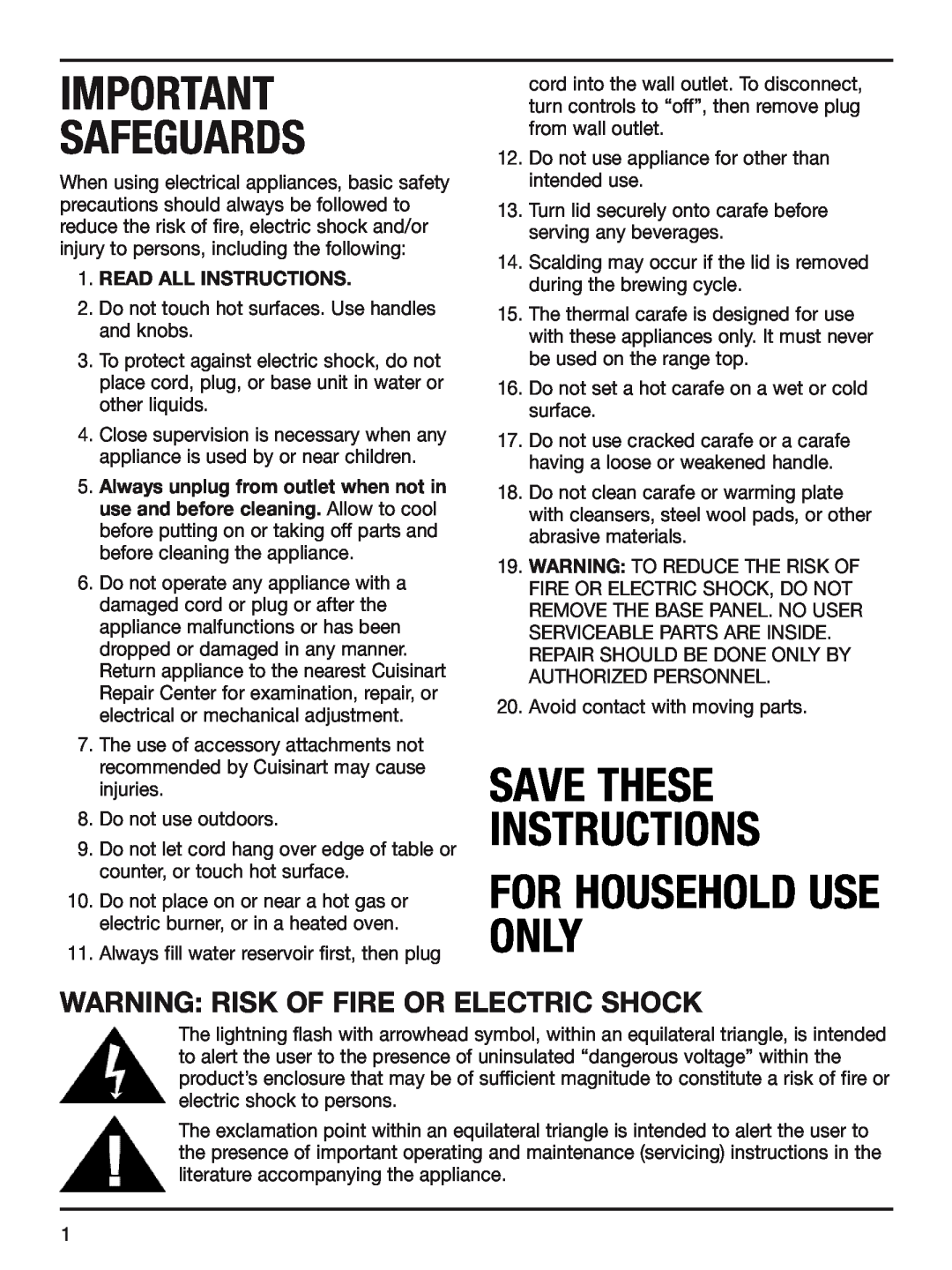 Cuisinart DCC-2400STR Safeguards, For Household Use Only, Save These Instructions, WARNING RISK Of FIRE OR ELECTRIC SHOCK 